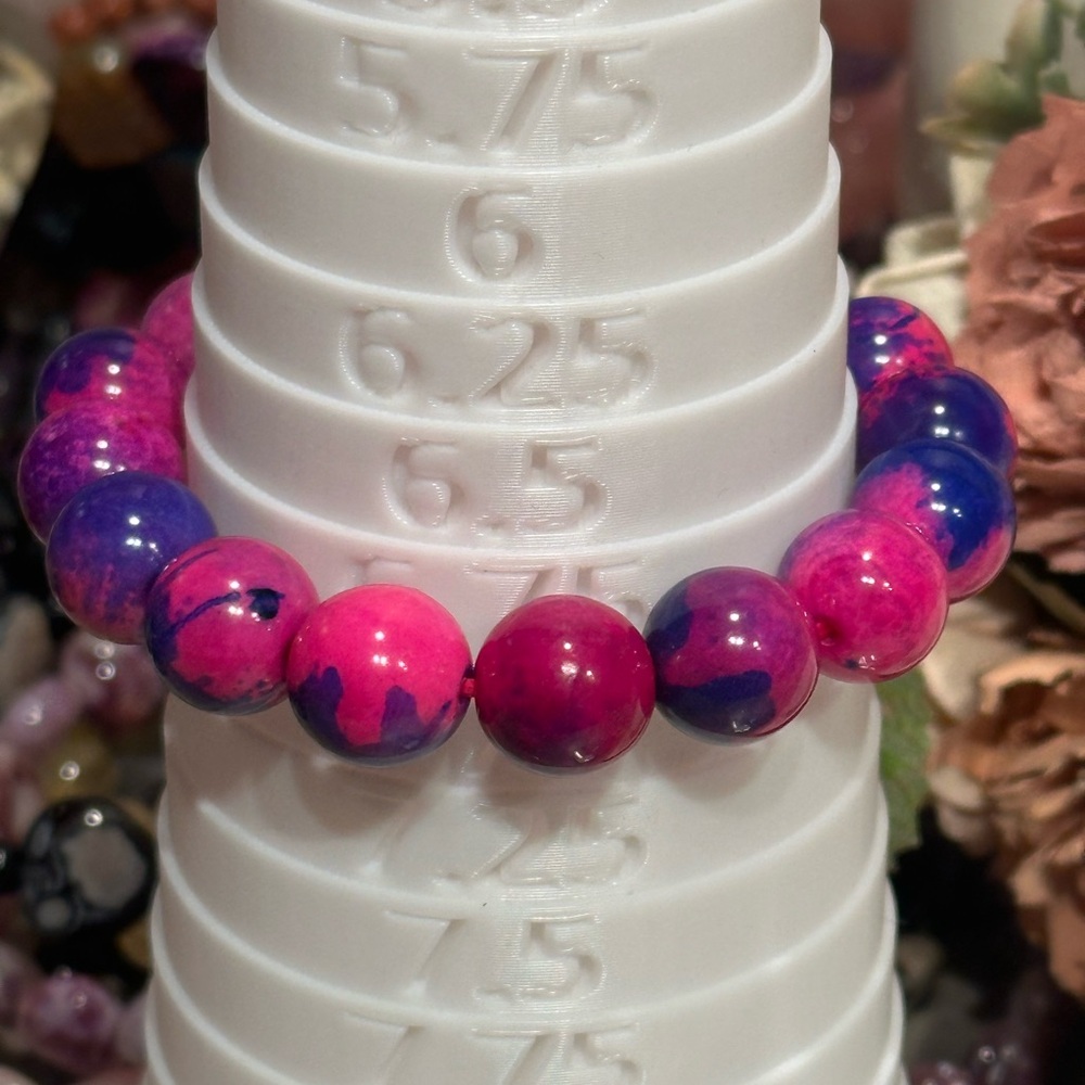 Fuchsia & Violet Marbled Agate Bracelet 13.5mm Size 6.75 - Picture 3 of 4